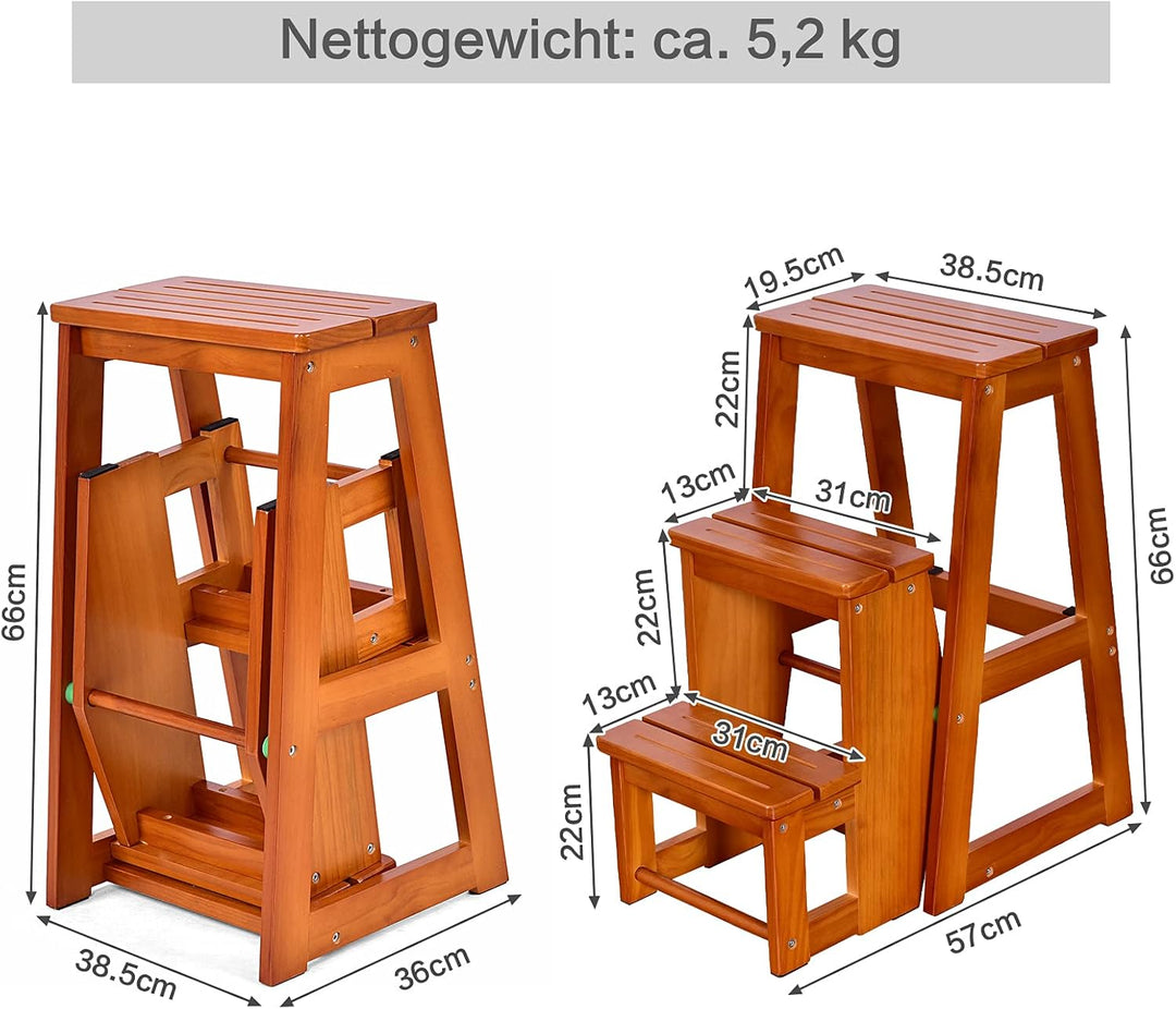 RELAX4LIFE Leiterstuhl 3 Stufen, Tritthocker Kiefernholz, Trittleiter zusammenklappbar, Trittstuhl,