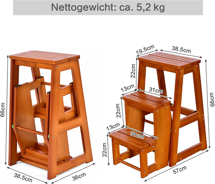 RELAX4LIFE Leiterstuhl 3 Stufen, Tritthocker Kiefernholz, Trittleiter zusammenklappbar, Trittstuhl,