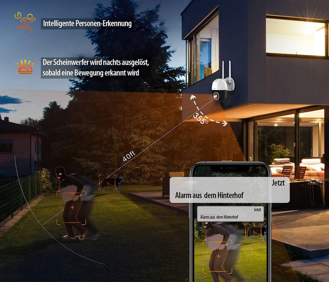7links WiFi Kamera: PTZ-IP-Überwachungskamera, 2K+, 5X optischer Zoom, IR, WLAN, 64GB, App (Schwenkk