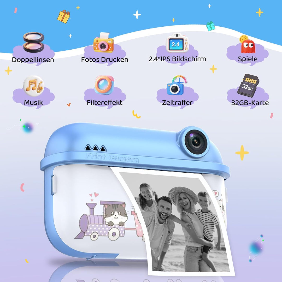 Sofortbildkamera Kinder, 48MP Kinderkamera Sofortbildkamera mit Dual-Kamera, mit Druckpapier & 32G T