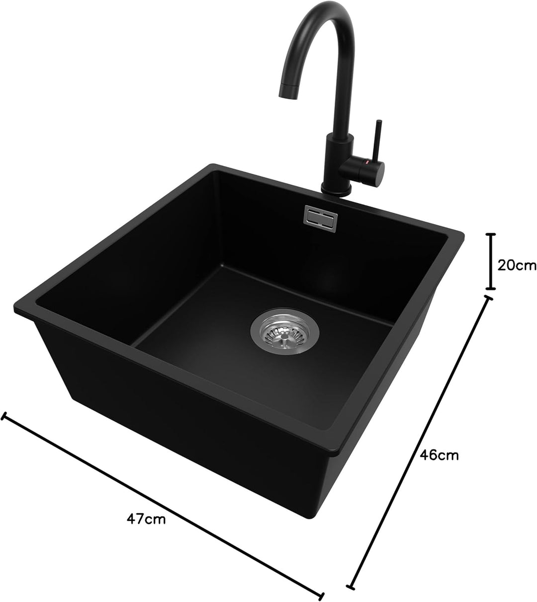 Spülbecken Schwarz 46 x 47 cm, Granitspüle 1 Becken + Ablauf-Set + Küchenarmatur, Einbauspüle ab 50e
