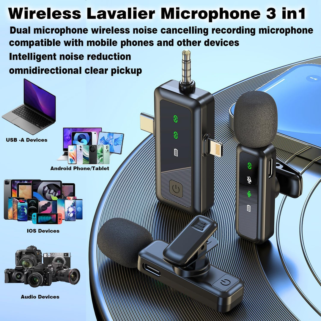3-in-1-Lavaliermikrofon, kabelloses Mikrofon für iPhone, Android, iPad, für Videoaufnahmen, Streamin