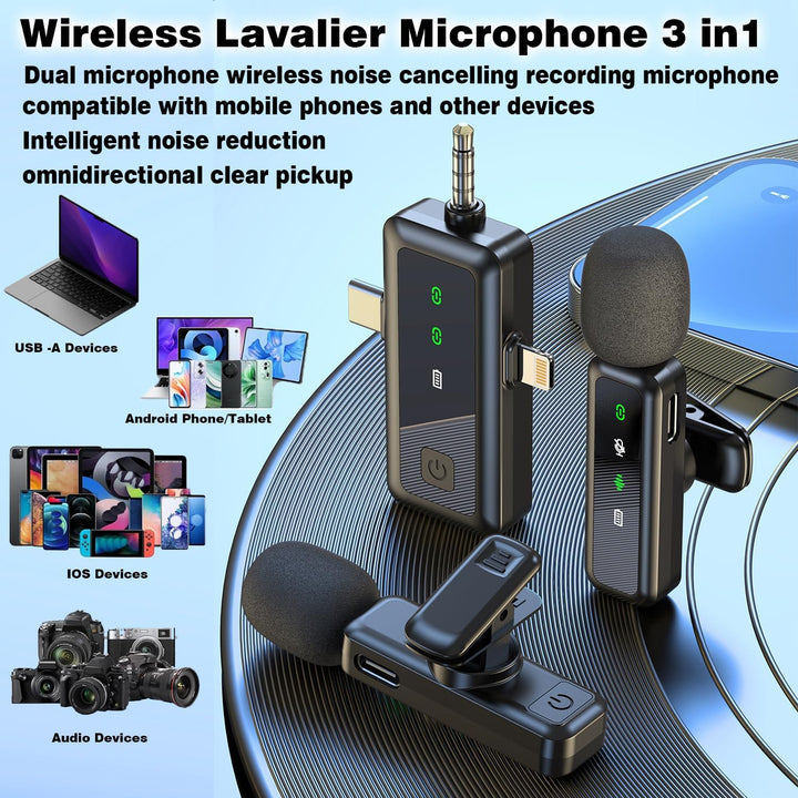3-in-1-Lavaliermikrofon, kabelloses Mikrofon für iPhone, Android, iPad, für Videoaufnahmen, Streamin