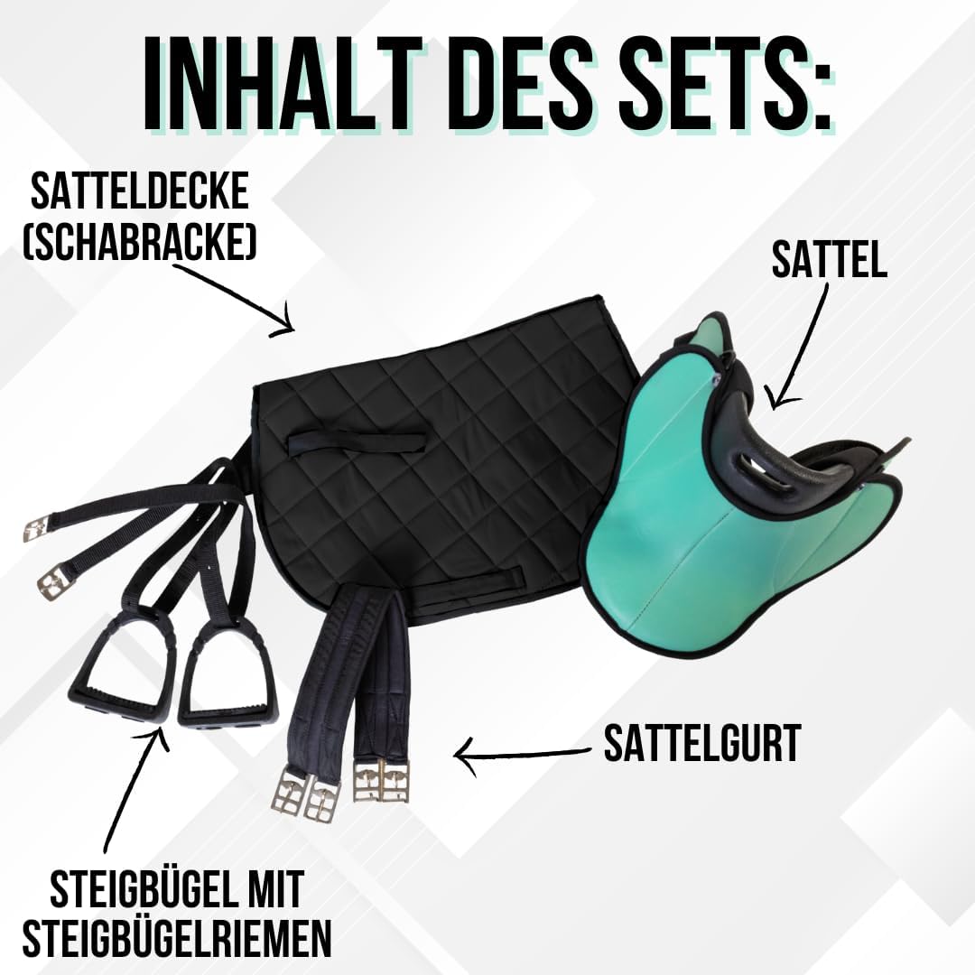 PFIFF 103106 Sattelset für Shettys oder Holzpferde, Komplettset, Kindersattel, Türkis, Türkis