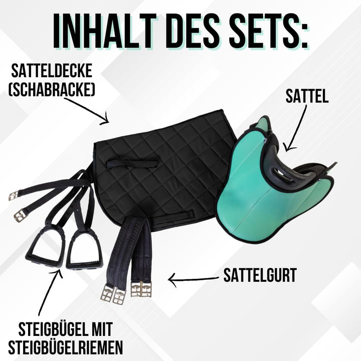 PFIFF 103106 Sattelset für Shettys oder Holzpferde, Komplettset, Kindersattel, Türkis, Türkis