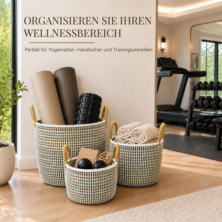 3 Set Wäschekorb Geflochten mit Henkeln | Verschiedene Grössen 32L+17L+8L | Korb ohne Deckel | Handg