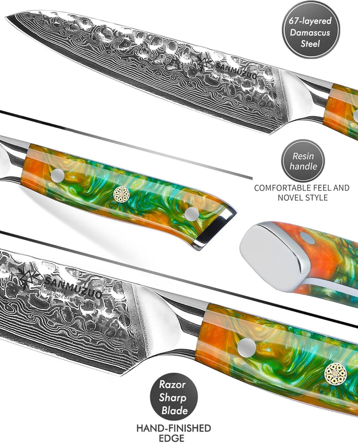 13 cm Allzweckmesser für Obst und Gemüse - Profi Kochmesser, Gehämmertem Damaskus Stahl und Harz Gri