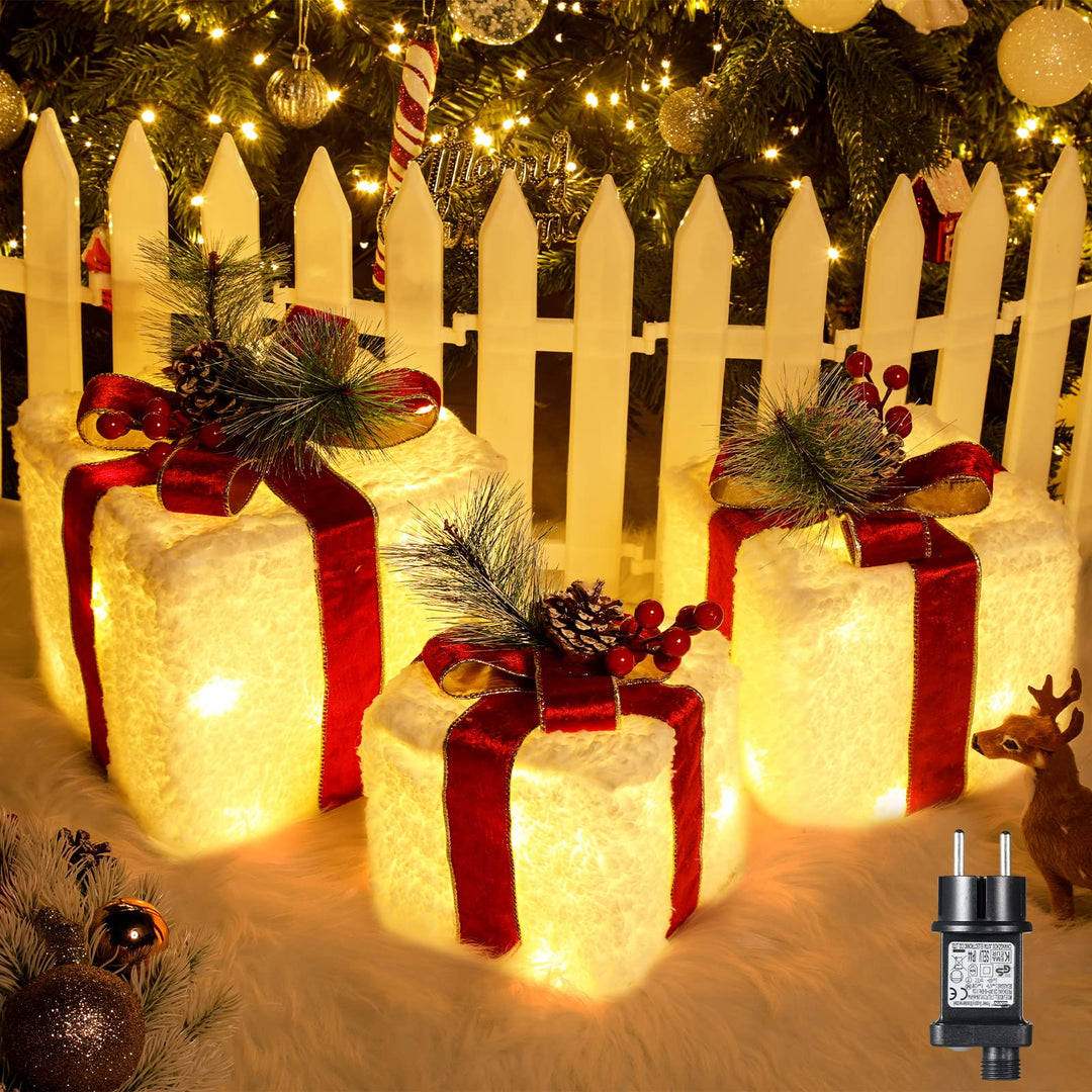ELKTRY LED Geschenkbox, Weihnachtsdeko mit 60 LED 3 Set aussen innen, Beleuchte Weihnachtenbox mit b