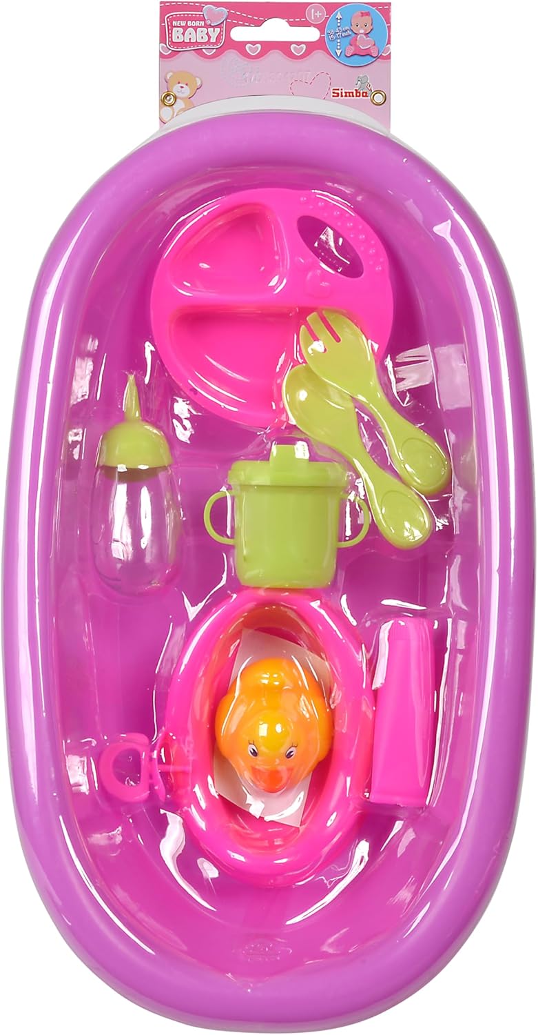 Simba 105562128 - New Born Baby Puppenbadewanne, 2-Fach Sortiert, Badewanne mit Töpfchen, Ente, Flas