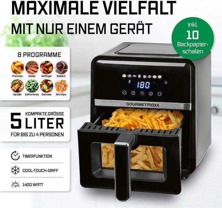 GOURMETmaxx Heissluftfritteuse - 5 L Airfryer | Fritteuse mit 6 Funktionen, 8 Programmen | Minibacko