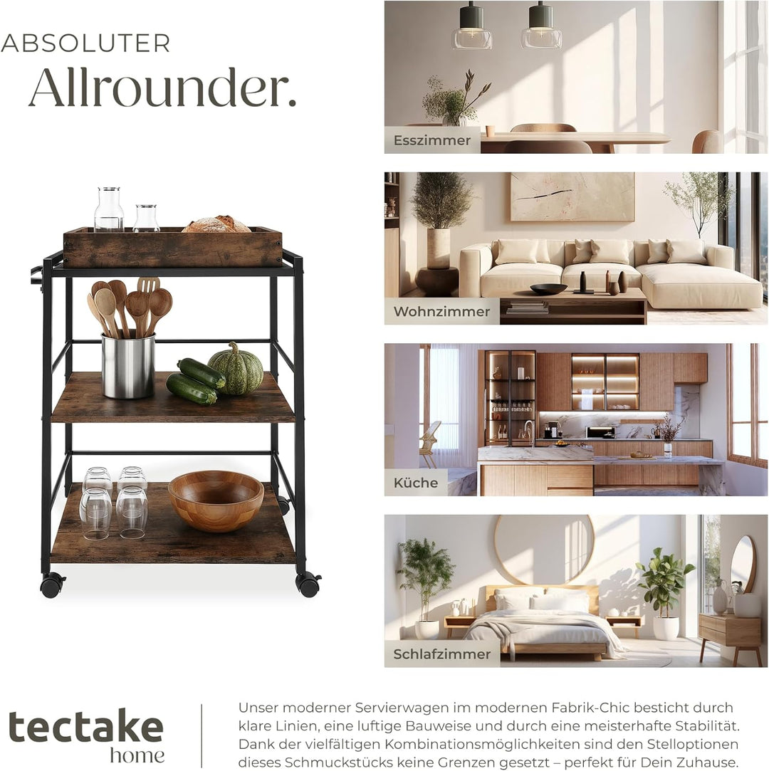 tectake® Servierwagen mit Rollen, abnehmbares Tablett, Kitchen Trolley 65 x 41,5 x 87 cm, Küchenwage