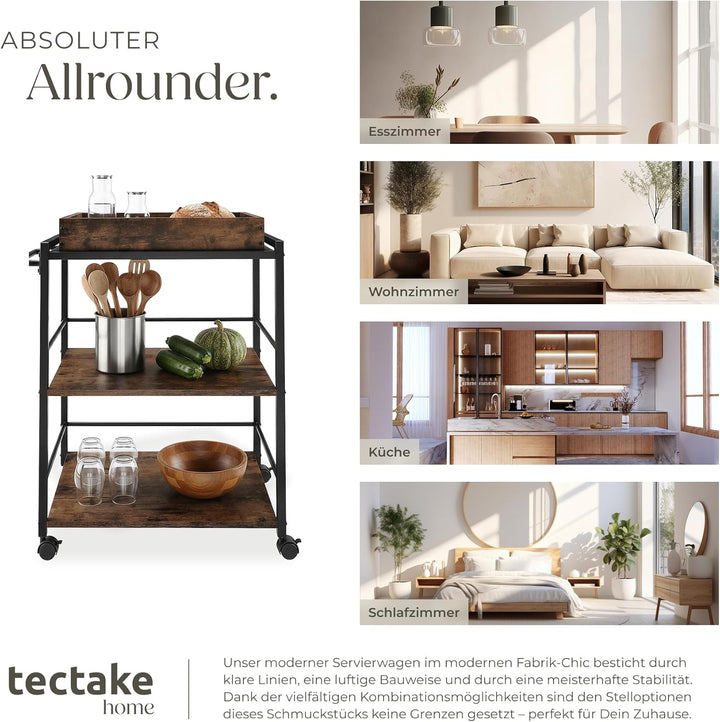tectake® Servierwagen mit Rollen, abnehmbares Tablett, Kitchen Trolley 65 x 41,5 x 87 cm, Küchenwage