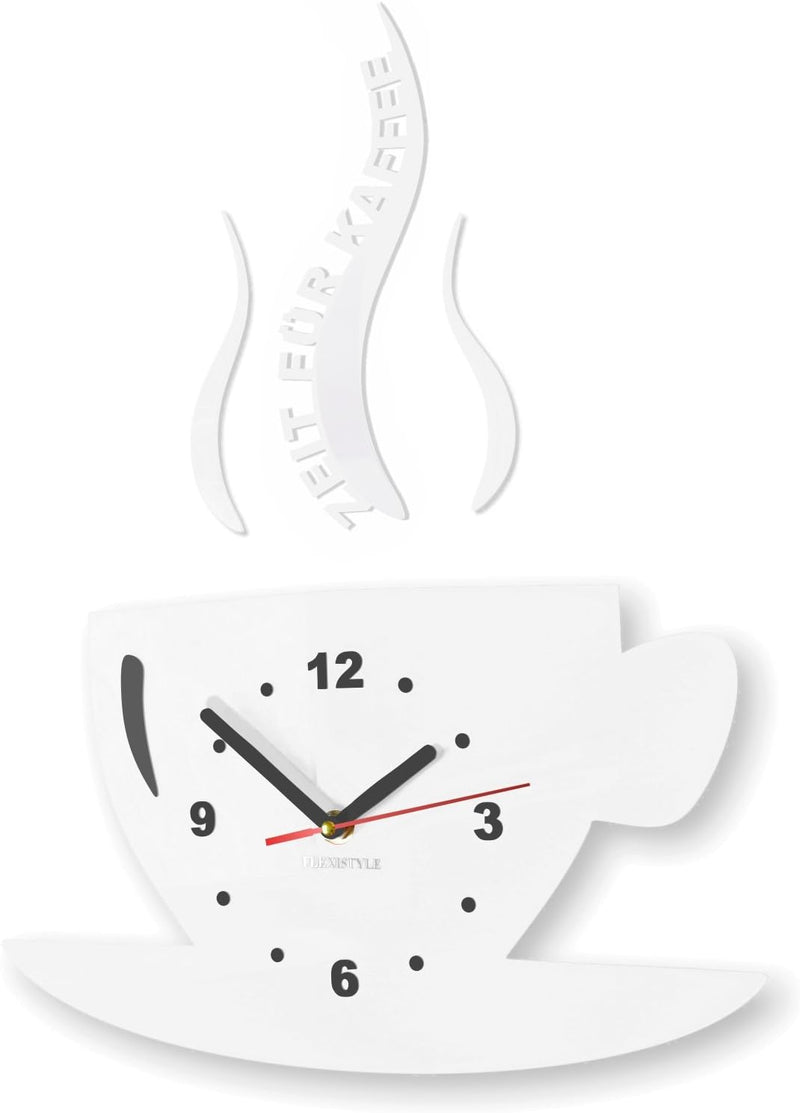 FLEXISTYLE Tasse Zeit für Kaffee Moderne Küche Wanduhr, 3D römisch, wanduhr deko (Weiss), Weiss