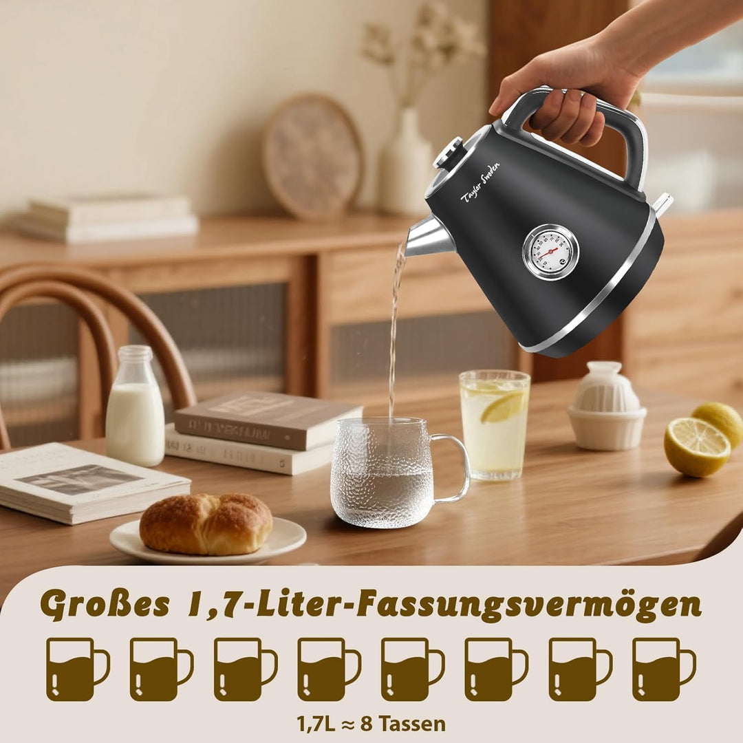 Taylor Swoden Aladin - Wasserkocher Edelstahl 1,7l, Retro elektrischer Wasserkocher mit Kalkfilter 2