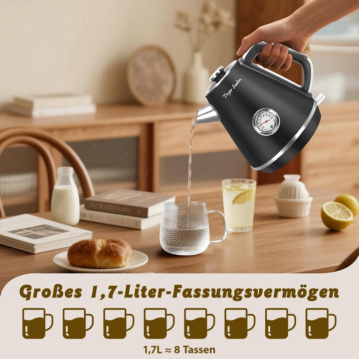 Taylor Swoden Aladin - Wasserkocher Edelstahl 1,7l, Retro elektrischer Wasserkocher mit Kalkfilter 2