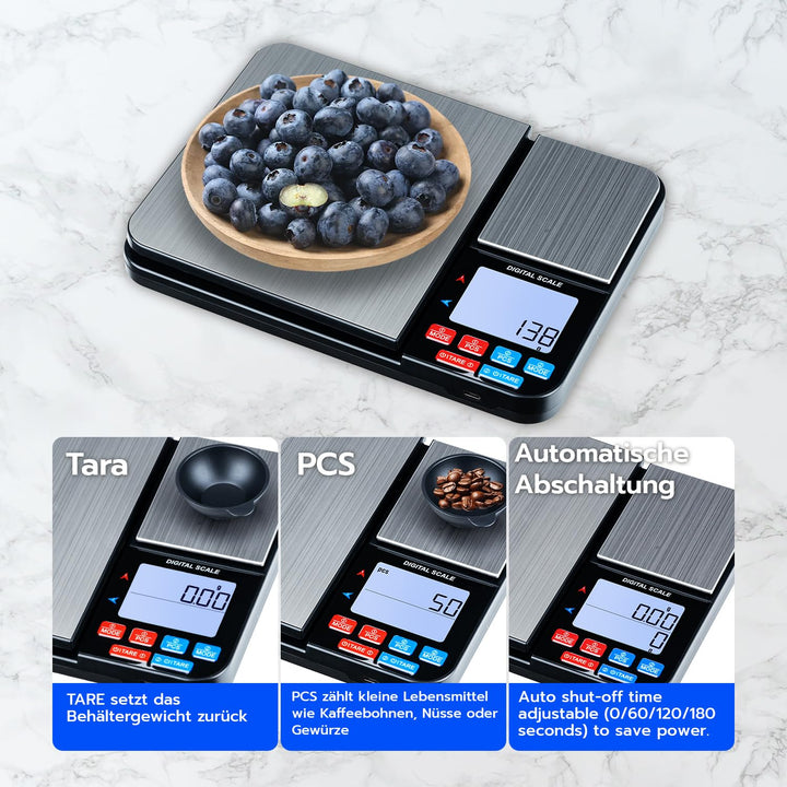 Mcbazel Digitale Küchenwaage mit Doppelplattform, Wiederaufladbare Präzisionswaage 10kg/1g & 500g/0.