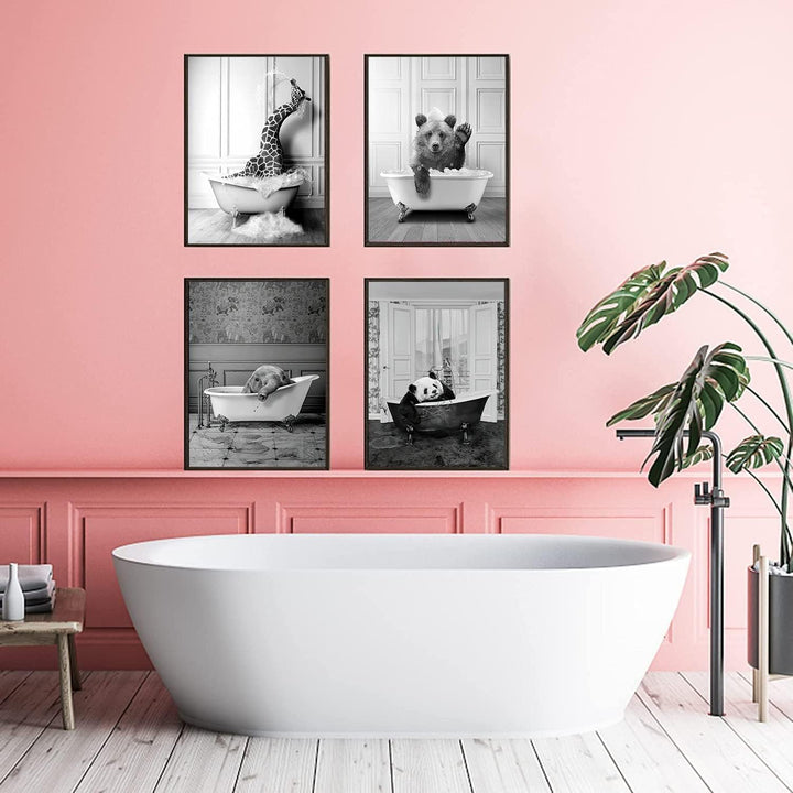 WADBTP Badezimmer Bilder,Schwarz Weiss Bilde,Lustige Tier in der Badewanne Leinwand Bilder für Wohnz