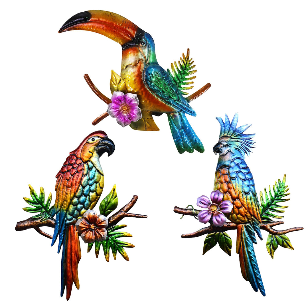 J-Fly Metall Papagei Wanddekoration - Tropische Outdoor Wandkunst für Terrasse, Zaun, Garten, Zuhaus