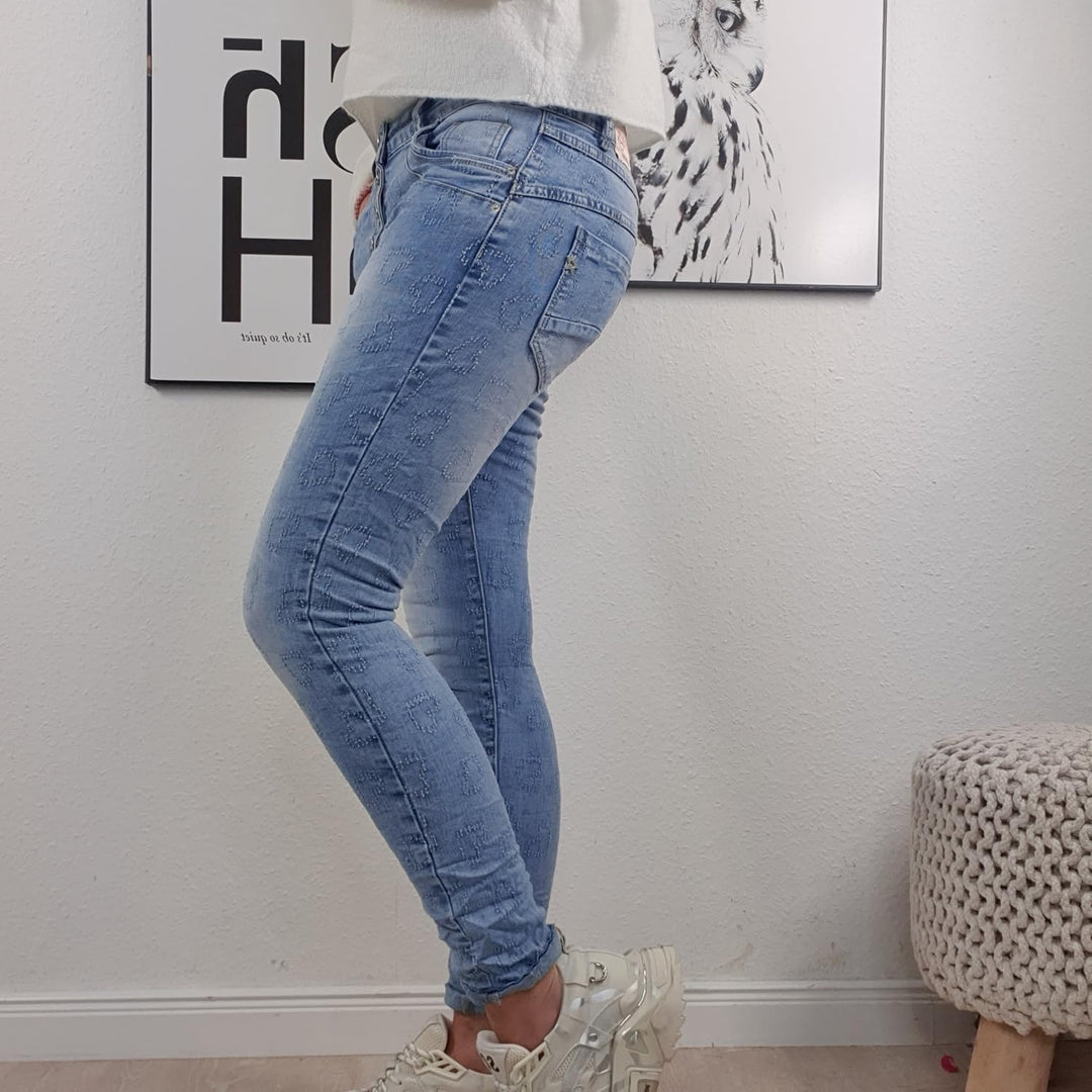 Jewelly Damen Boyfriend Stretch Jeans| Denim Hose für Frauen| 5-Pocket Bagggy Pants S Denim Heart, S