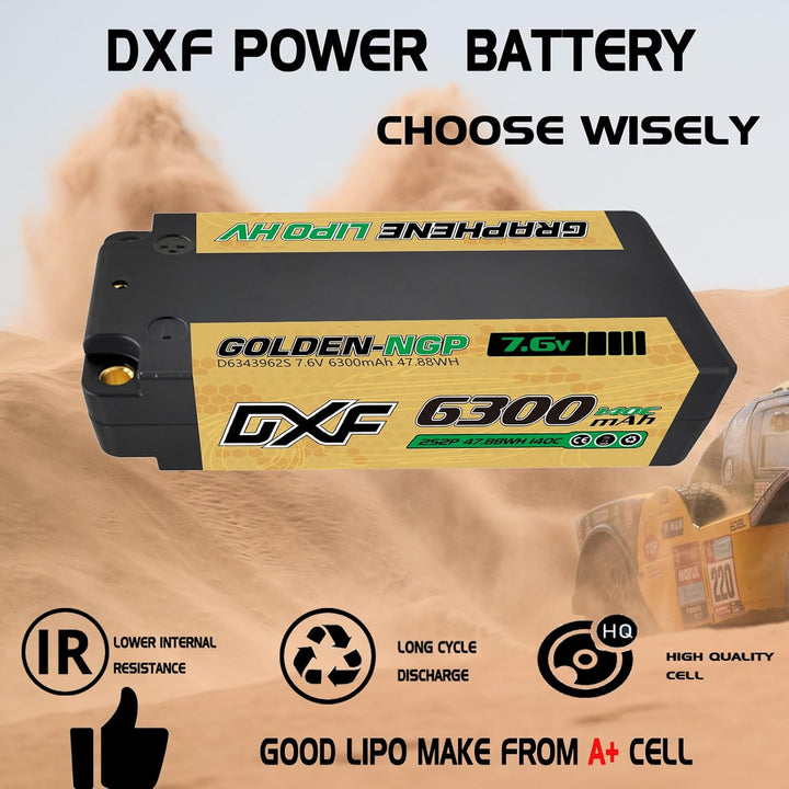 DXF 2S Kurzer LiPo Akku 7.6V 140C 6300mAh HV Hardcase GOLDEN NGP RC Batterie mit 5mm Kugel to Deans