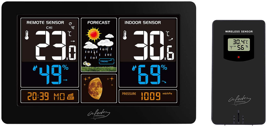infactory Smart Life Wetterstation: WLAN-Funk-Wetterstation mit Aussensensor, XL-Farbdisplay und App
