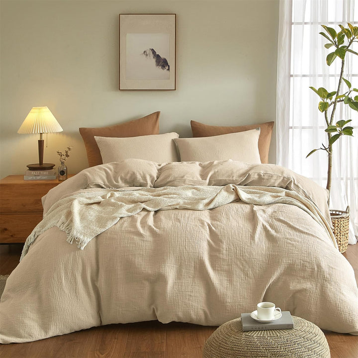 Boqingzhu Doppelte Muslin Bettwäsche Beige 135x200cm Baumwolle Weich Kuschelig Sommer Baumwollbettwä