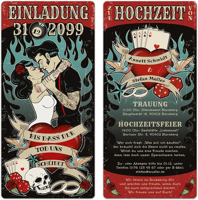 Hochzeit Einladungen (10 Stück) - Rockabilly - Hochzeitskarten Vintage Rock 1950er