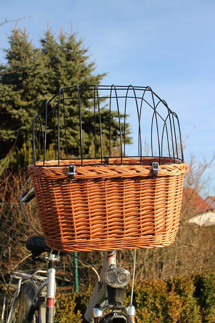 Marcus-Hundefahrradkorb für Fahradlenker aus Weide mit Metallgitter und Kissen XL oder XXL Natur Wei