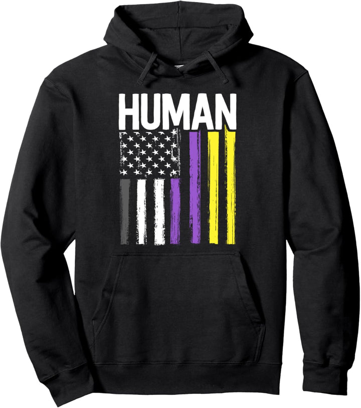 Gender Non-binary Pride Human LGBT Rainbow American Flag Pullover Hoodie