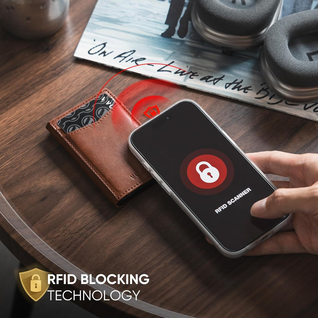 VULKIT Kreditkartenetui Leder Kartenetui RFID Blocking Automatische Pop Up Visitenkartenetui für Kar
