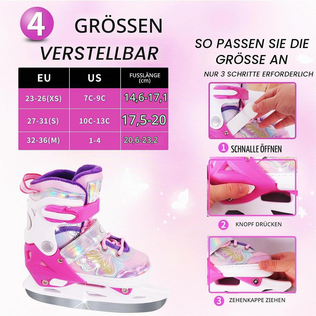 Nattork Mädchen-Eislaufschuhe für Kinder, 4-Fach verstellbar, Butterfly-Eislaufschuhe mit Fleecefutt