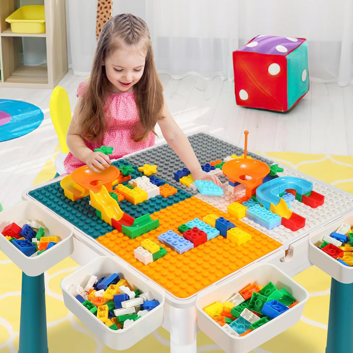 Kindertisch mit 2 Stühlen, Bausteintisch höhenverstellbar