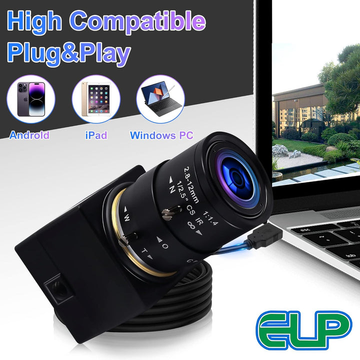 G 0.01LUX USB Kamera 4facher optischer Zoomen Webcam,2.8-12mm Varifokus Webkamera,2MP H.264 manuelle