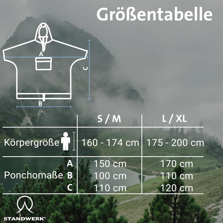 STANDWERK Regenponcho mit einzigartiger Navigationstasche und Sichtfenster fürs Wandern - Regencape