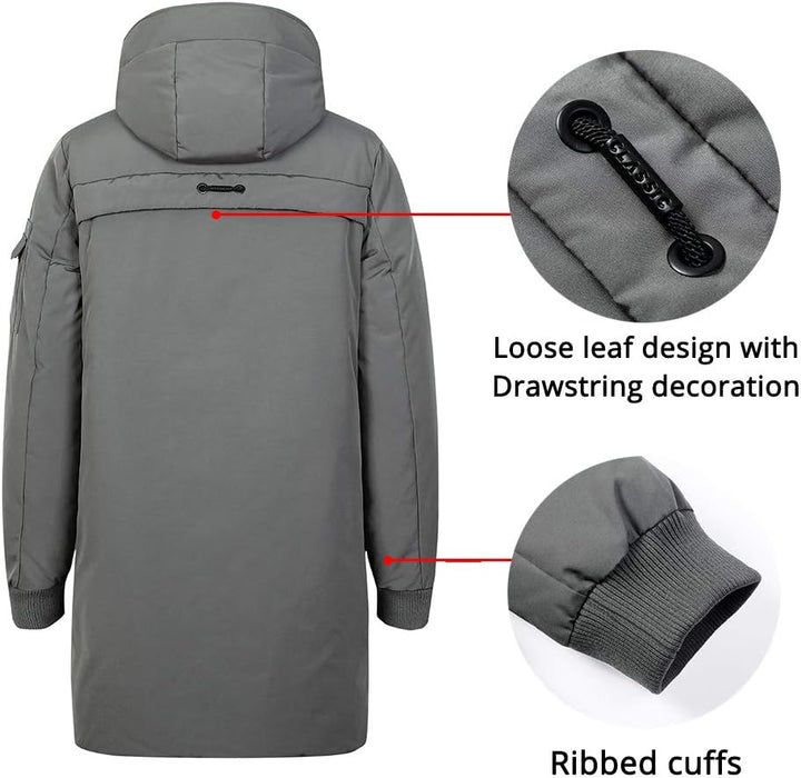 Herren Winterjacke Warm Lang Warme Atmungsaktiv Jacken Outdoor Coat mit Kapuze, S Grau