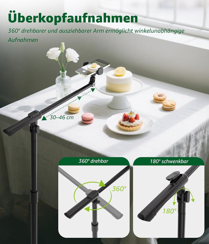 Handy Stativ, Overhead Stativ Handy mit 360° Ausziehbaren Arm &amp; Fernbedienung &amp; Handyhalterung, Hori