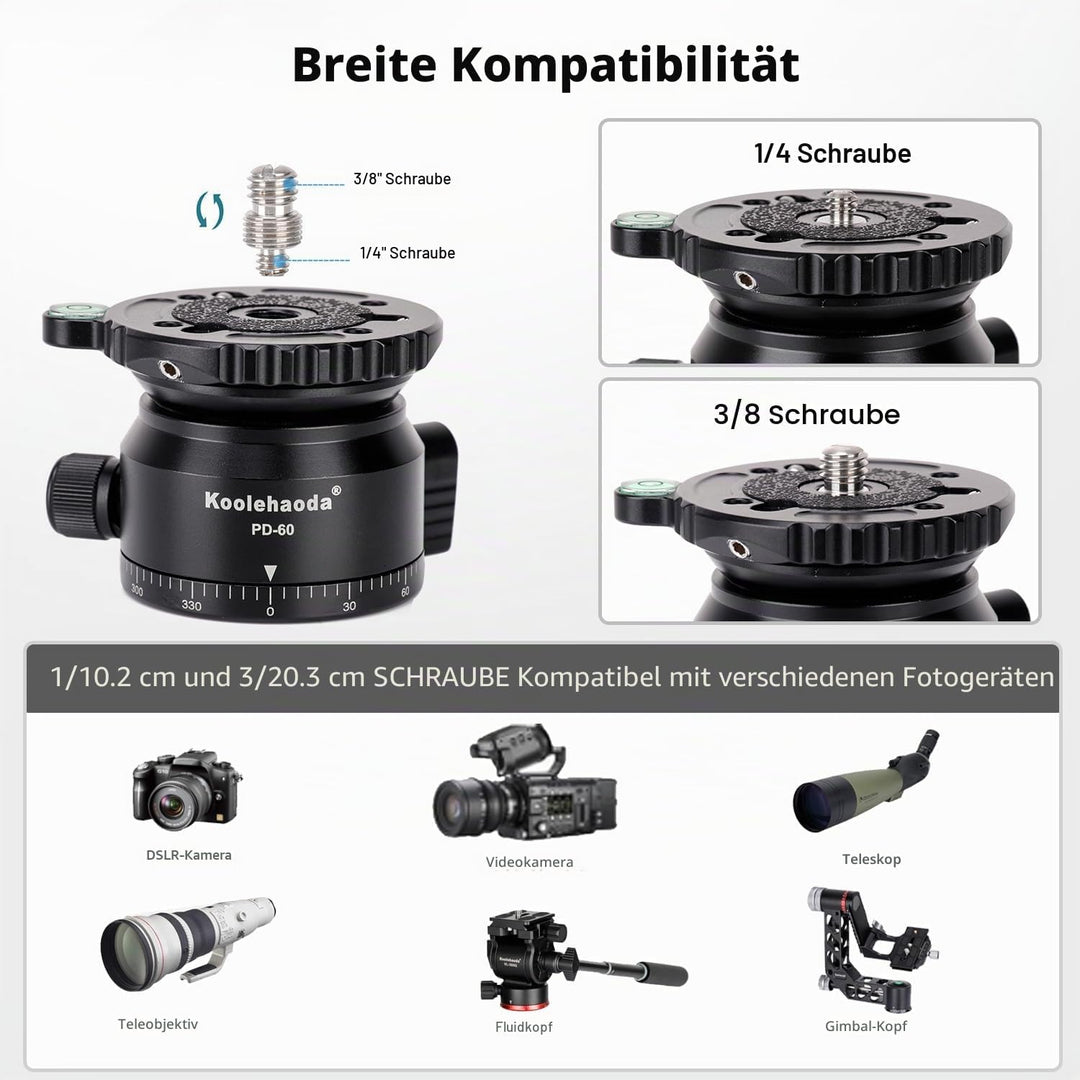 Koolehaoda PD-60 Stativ Nivellierbasis Leveling Base mit 3/8 Zoll Gewinde und 360° Panorama-Basis, 1