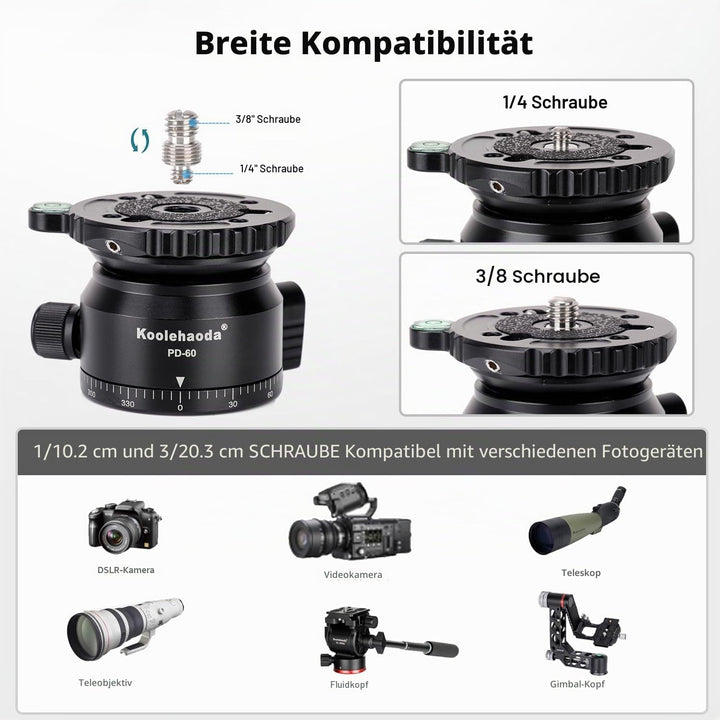 Koolehaoda PD-60 Stativ Nivellierbasis Leveling Base mit 3/8 Zoll Gewinde und 360° Panorama-Basis, 1