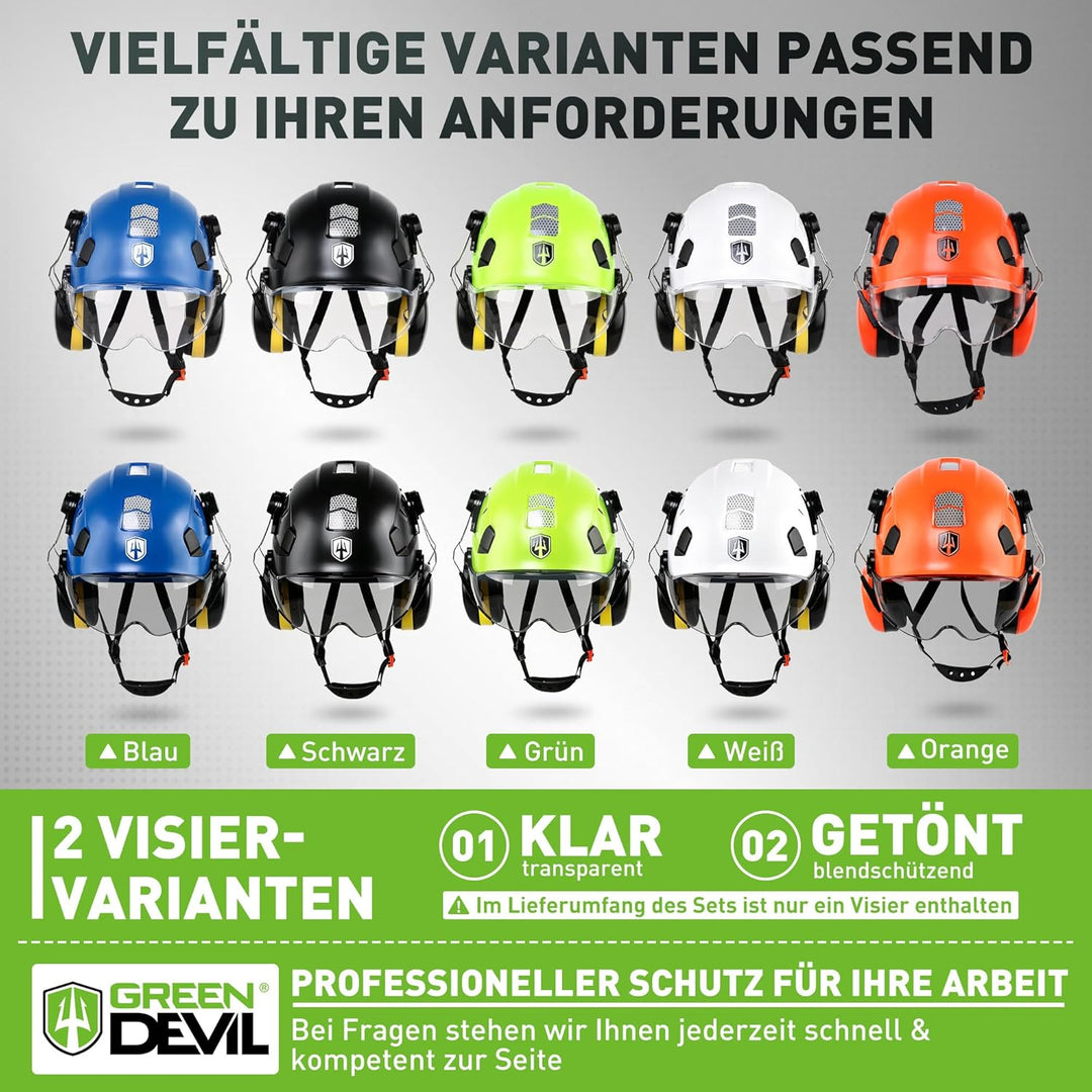 GREEN DEVIL Schutzhelm Arbeitshelm mit klarem Visier und Gehörschutz Ohrenschützer Einstellbarer ABS