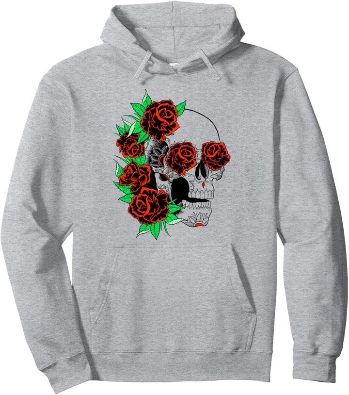 Trendy Skull With Roses Pullover Hoodie