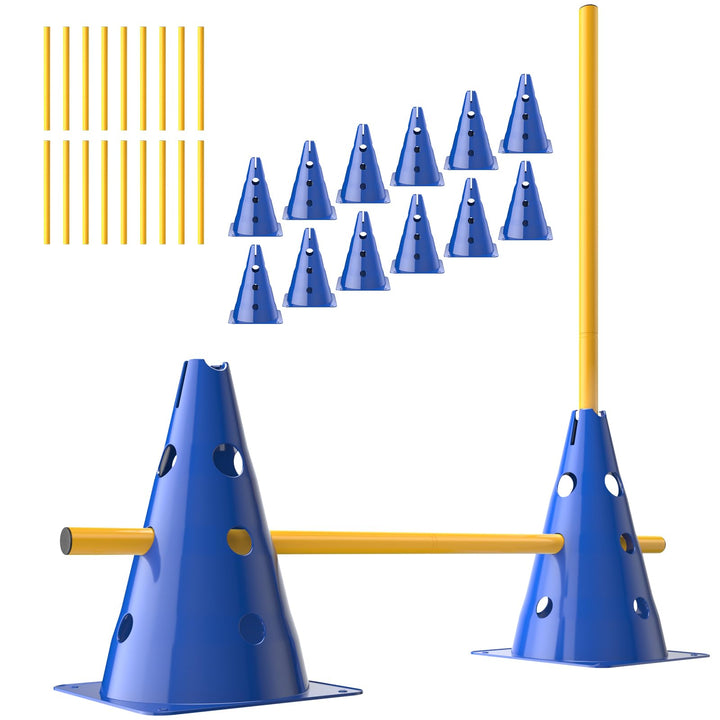 GHB Steckhürdenset 12 Kegel 18 Stangen, Agility Hürden Set Hunde, Fussball Trainingszubehör für Koor