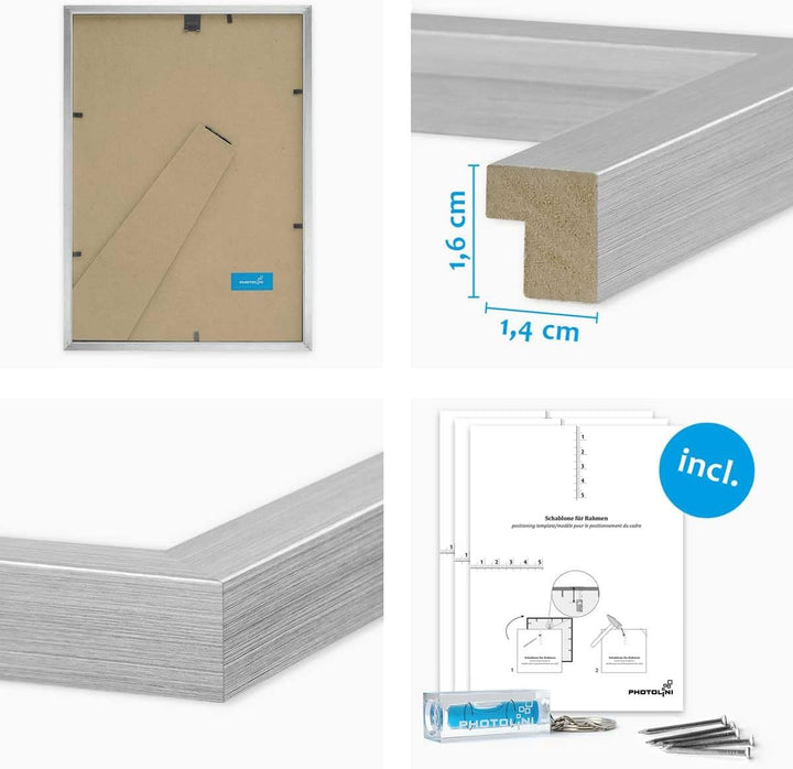 PHOTOLINI silberne Bilderrahmen Set verschiedene Grössen, 14 Bilderrahmen Silber Holz MDF, Bilder Ra