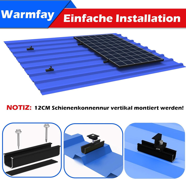 Warmfay Solarmodul Halterung Montageset, Schwarzes 12CM Aluprofil und Verstellbare Klammern Befestig