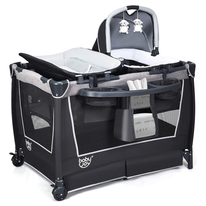GOPLUS 4 in 1 Reisebett, Laufgitter Wiege Windeltisch, ab Geburt bis 15 kg, mit Matratze&Wickelaufla