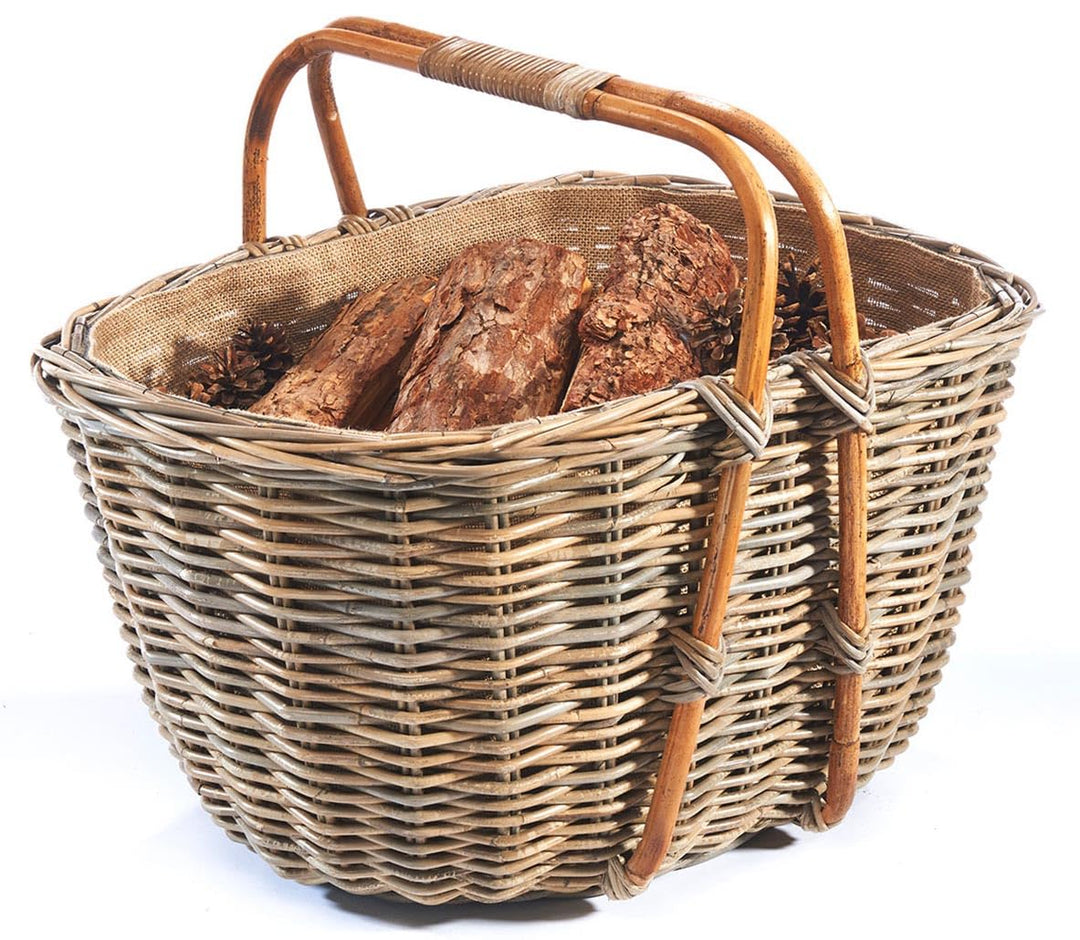Kobolo Holztrage Holzkorb für Kaminholz - kubu Rattan - mit Jutestoff und Henkel ausgestattet