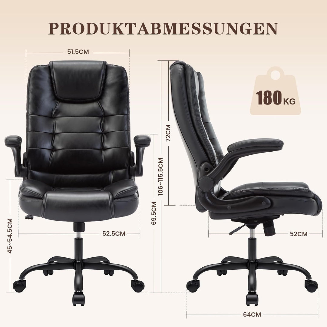 IWMH Ergonomischer Bürostuhl 180KG, Schreibtischstuhl PU Leder mit Hochklappbaren Armlehnen, Chefses