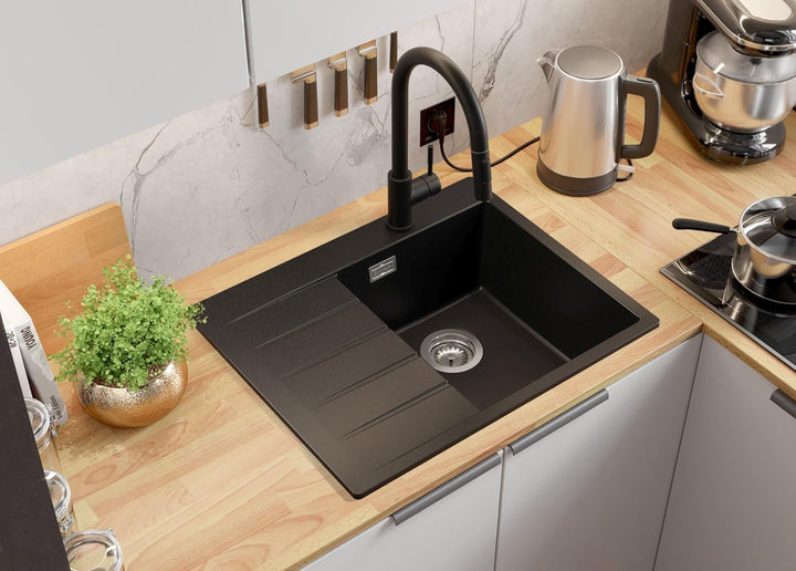 Granitspüle Schwarz 62x50 cm, Spülbecken + Ablauf-Set + Küchenarmatur 9050, Küchenspüle für 40er Unt