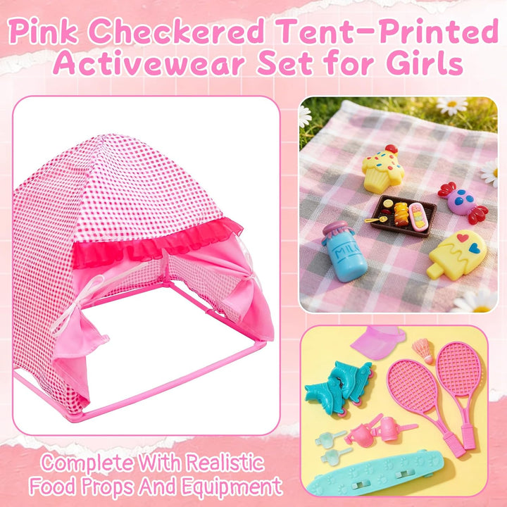 25 Kleidung Camping Sets Kompatibel mit Barbie, 1 Zelt 2 Oberteil Hosen1 Rock 1 Picknickdecke 3 Schu