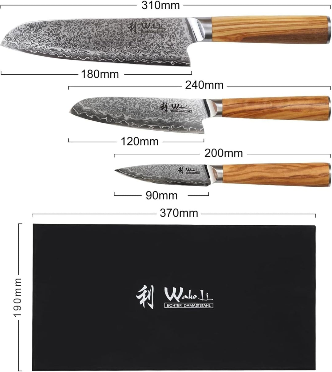 Wakoli Oribu 3er Damastmesser-Set mit 9-18cm Klingen gefertigt aus 67 Lagen echtem Damaststahl mit O