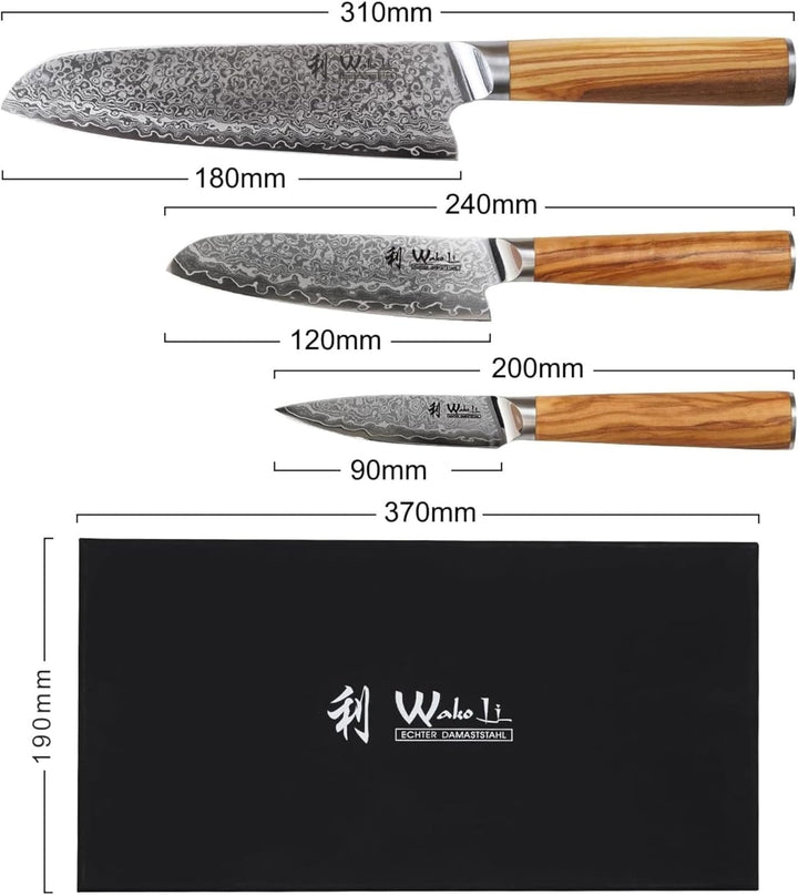 Wakoli Oribu 3er Damastmesser-Set mit 9-18cm Klingen gefertigt aus 67 Lagen echtem Damaststahl mit O